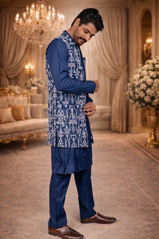 Dark Blue Chikankari Embroidered Kurta Payjama Set with Jacket