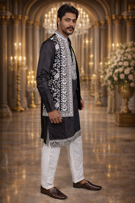 Black Twill Chikankari Embroidered Kurta Pajama Set with Floral Embroidered Jacket