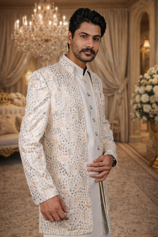 White Greige Indo Western Set with Golden and Olive Green Thread Work