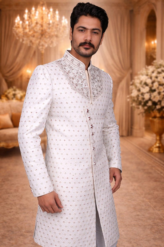 White Woven Jacquard Sherwani with Diamond, Pearl & Zardozi Embroidery