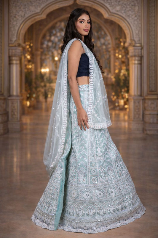 Pista Green Lehenga with Silver Sequin & Bead Embroidery, Net Blouse and Dupatta