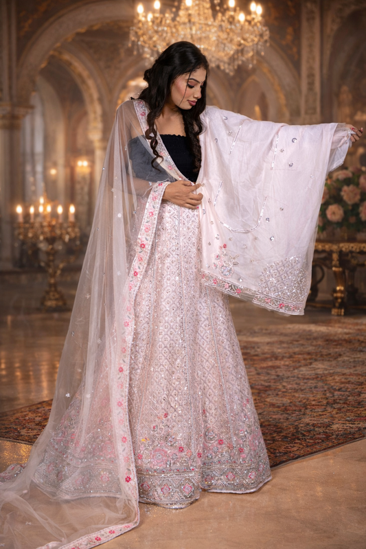 Pink Pitch Net Lehenga with Sequin & Bead Embroidery, Net Blouse and Dupatta