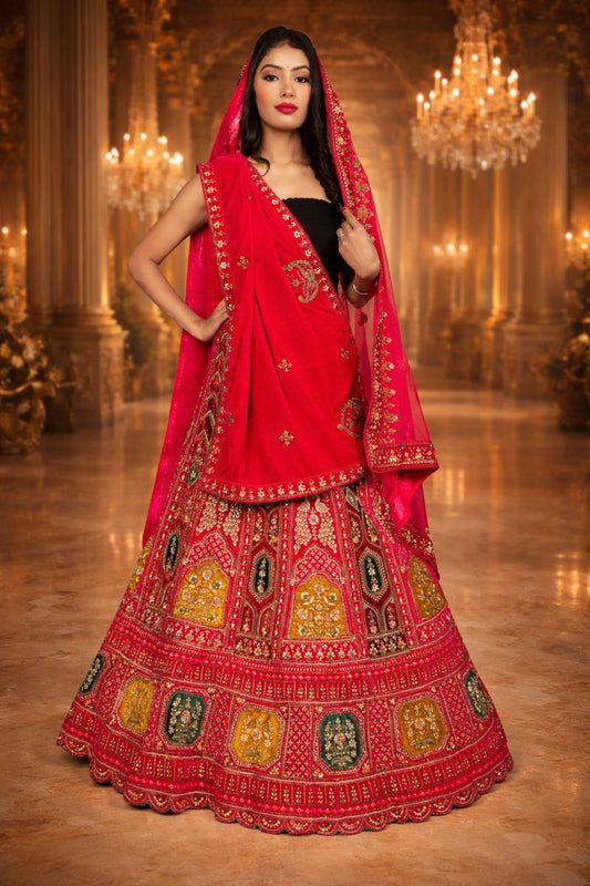 Pink Bridal Zardozi Embroidered Lehenga with Velvet Blouse & Dual Dupattas