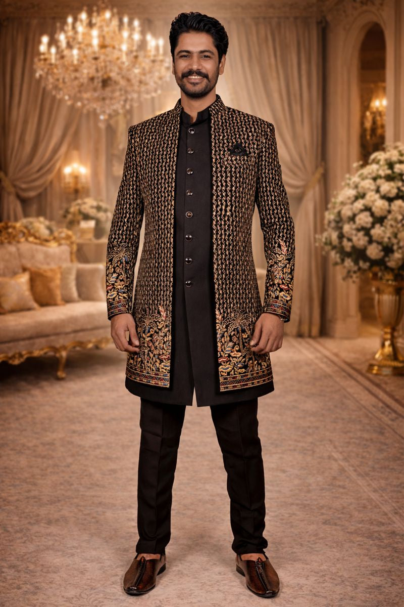 Black Jacquard & Velvet Indo Western with Multithread and Sequin Embroidery
