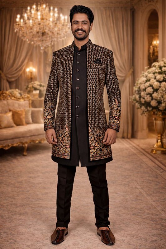 Black Jacquard & Velvet Indo Western with Multithread and Sequin Embroidery