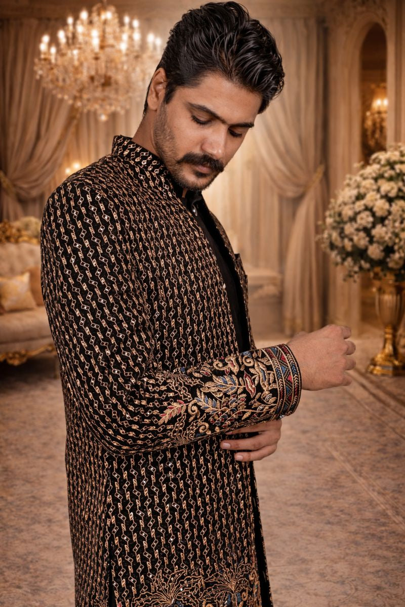 Black Jacquard & Velvet Indo Western with Multithread and Sequin Embroidery
