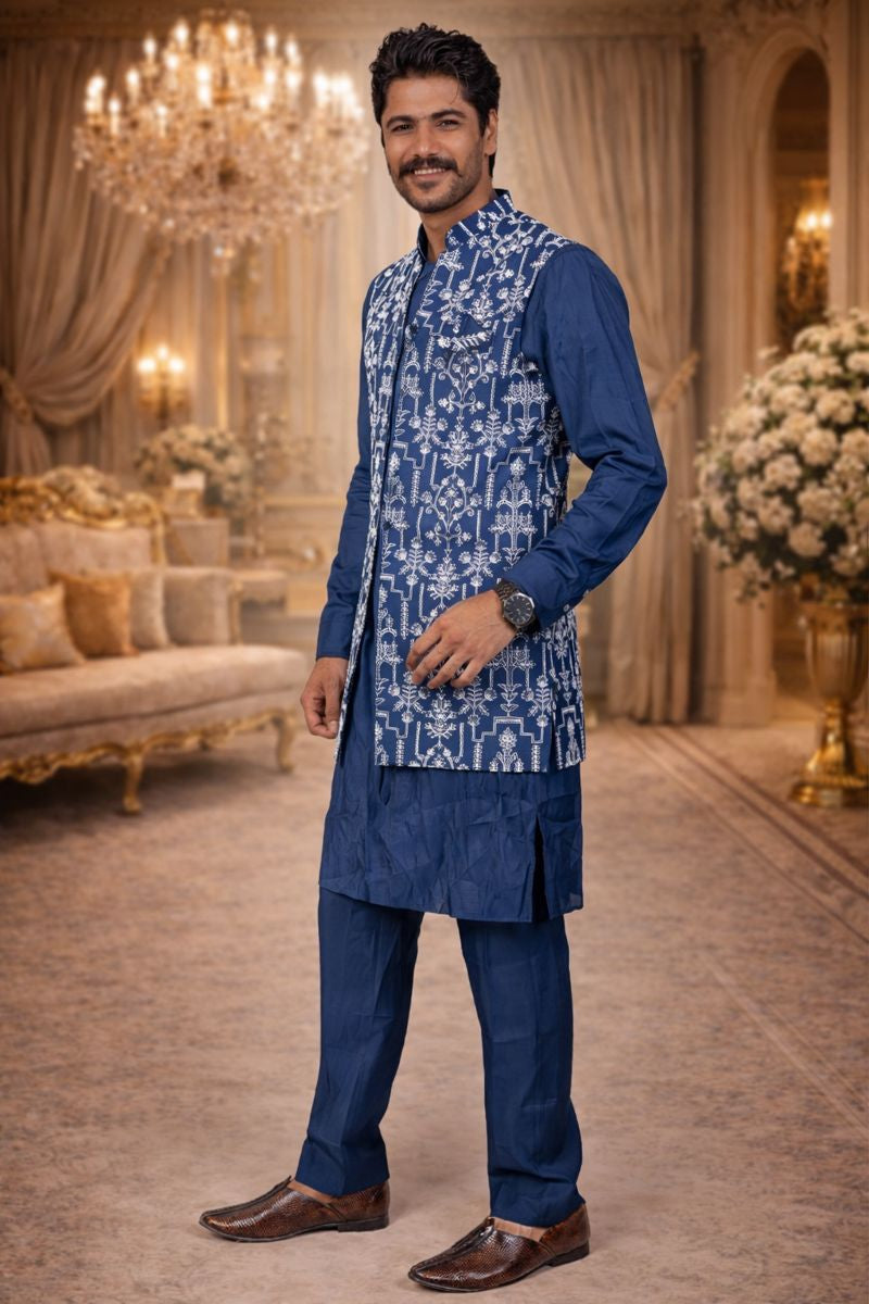 Dark Blue Chikankari Embroidered Kurta Payjama Set with Jacket