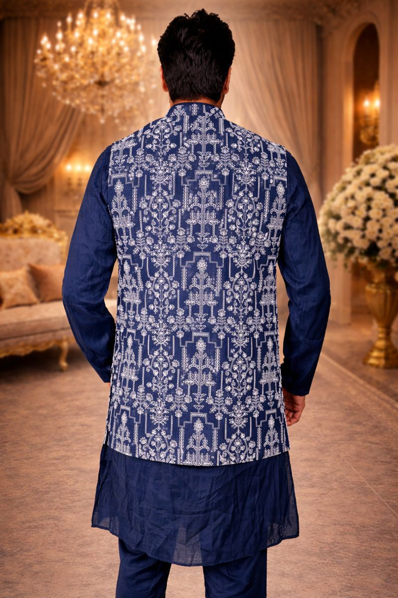 Dark Blue Chikankari Embroidered Kurta Payjama Set with Jacket