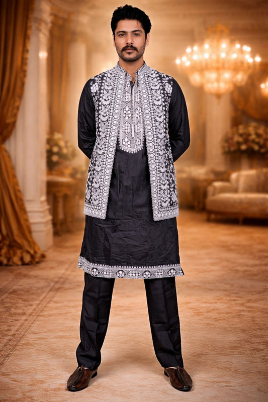 Black Twill Chikankari Embroidered Kurta Pajama Set with Floral Embroidered Jacket