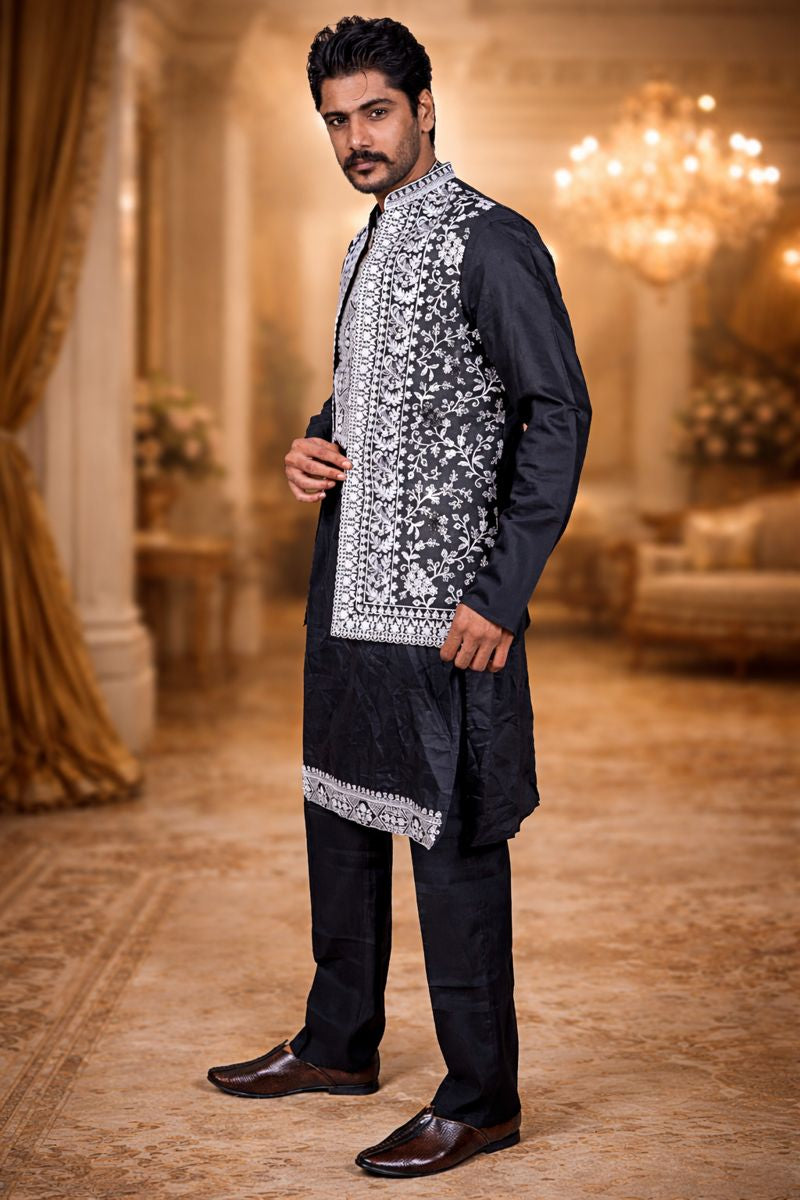 Black Twill Chikankari Embroidered Kurta Pajama Set with Floral Embroidered Jacket