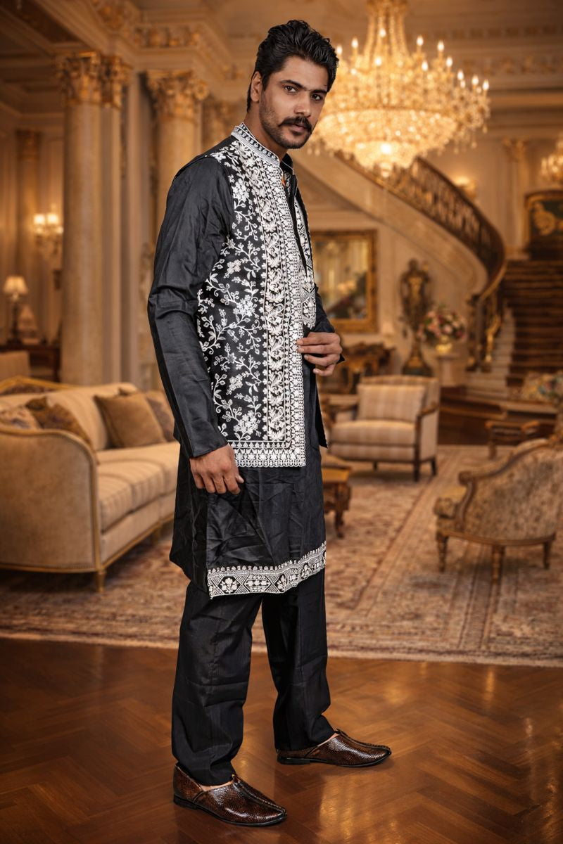 Black Twill Chikankari Embroidered Kurta Pajama Set with Floral Embroidered Jacket