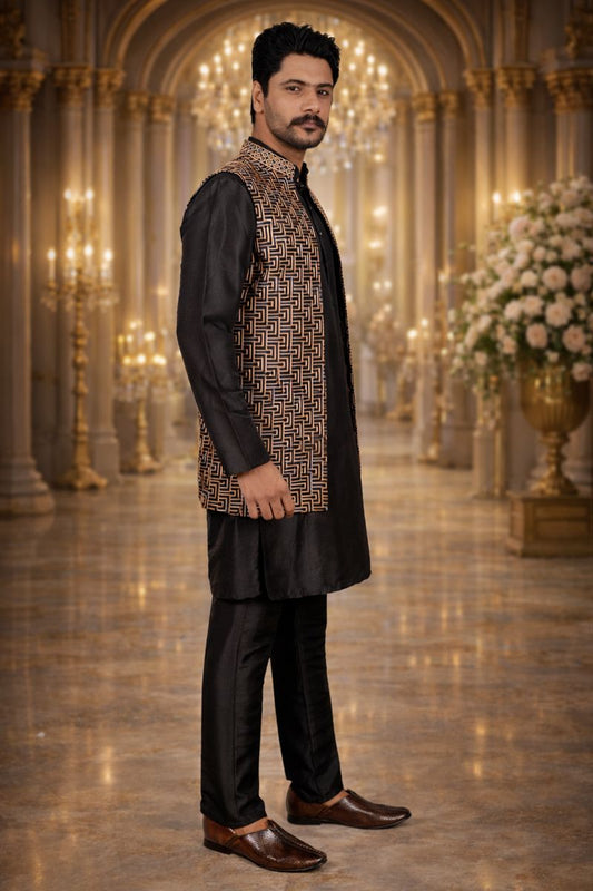 Black Silk Kurta Pajama with Gold and White Thread Geometric Embroidery