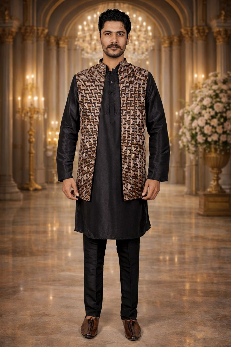 Black Silk Kurta Pajama with Gold and White Thread Geometric Embroidery