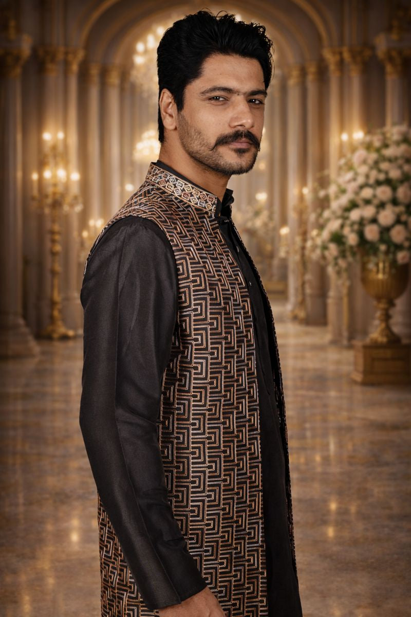 Black Silk Kurta Pajama with Gold and White Thread Geometric Embroidery