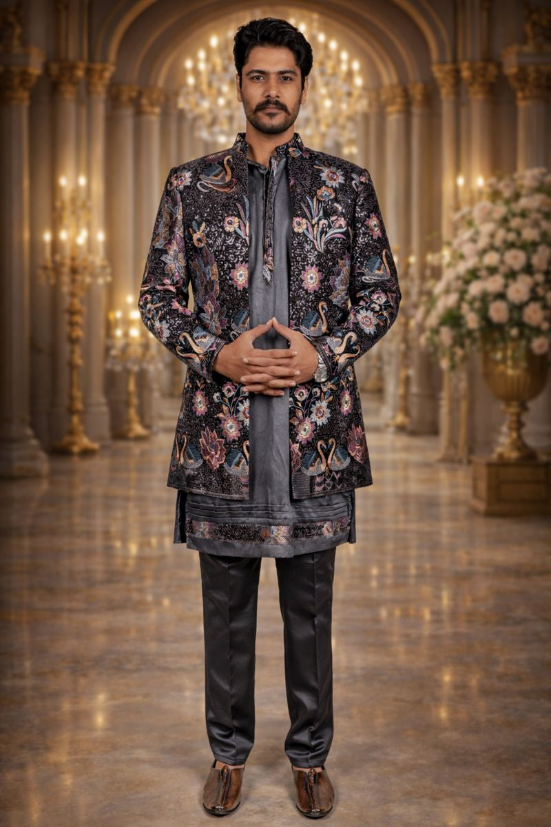 Black Velvet Indo Western Set with Multicolor Floral Embroidery and Sequin Work