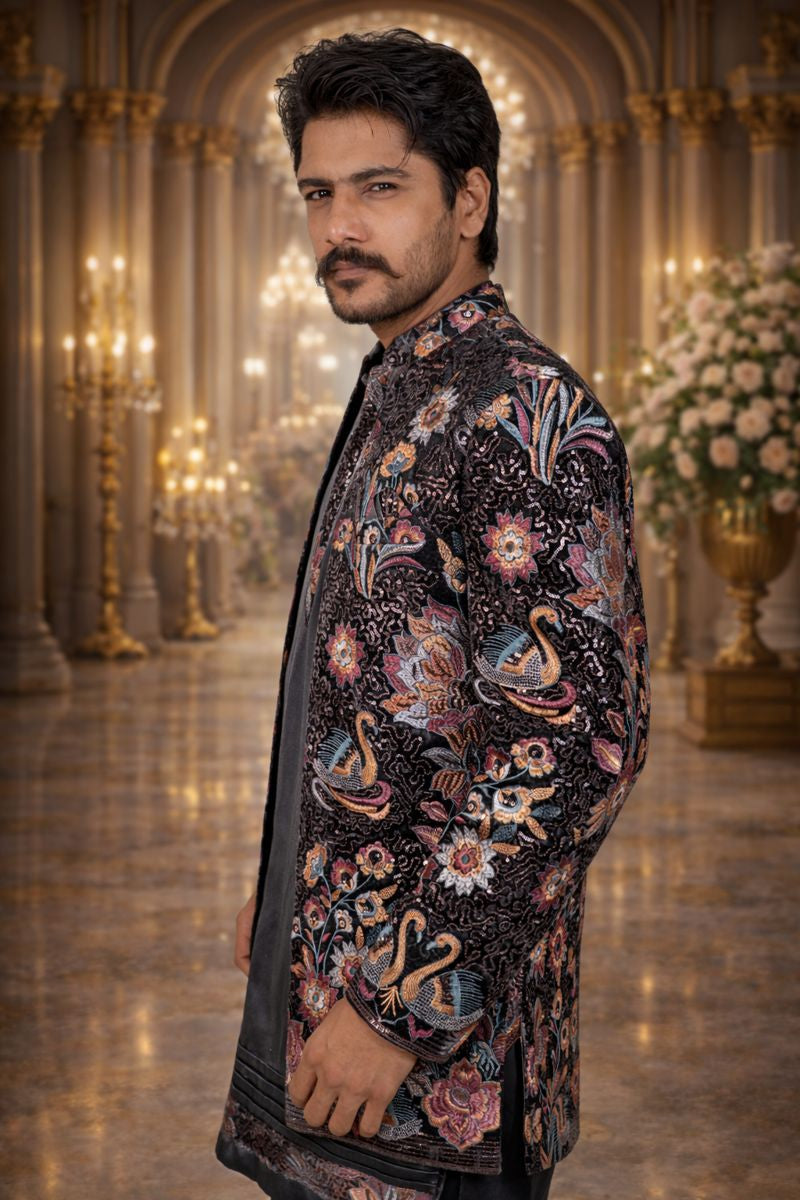 Black Velvet Indo Western Set with Multicolor Floral Embroidery and Sequin Work