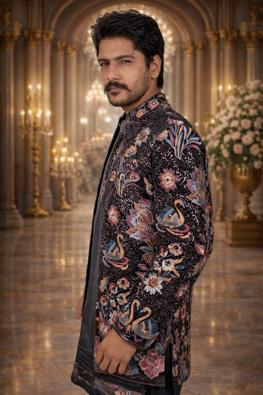Black Velvet Indo Western Set with Multicolor Floral Embroidery and Sequin Work