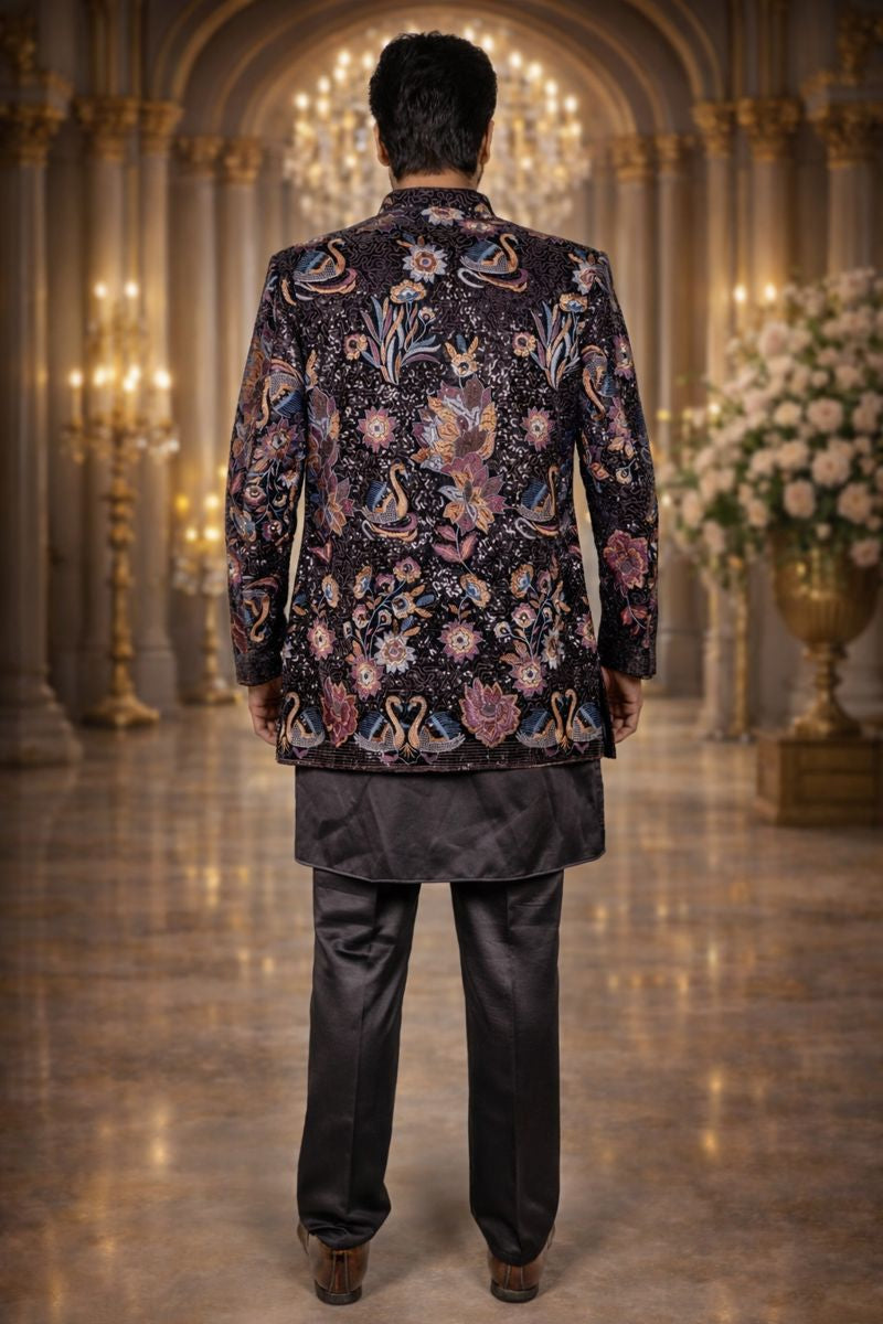 Black Velvet Indo Western Set with Multicolor Floral Embroidery and Sequin Work