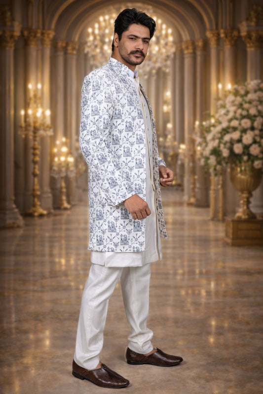 White Linen Indo Western Set with Traditional Banjara Embroidery
