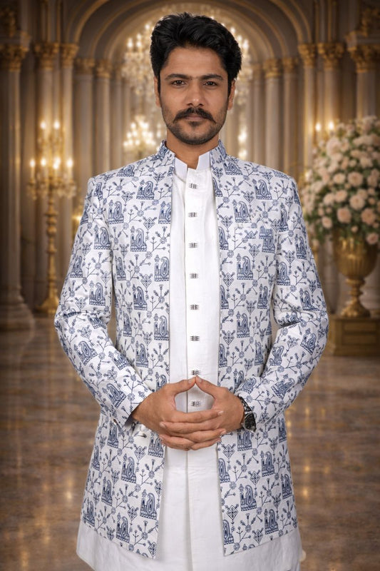 White Linen Indo Western Set with Traditional Banjara Embroidery