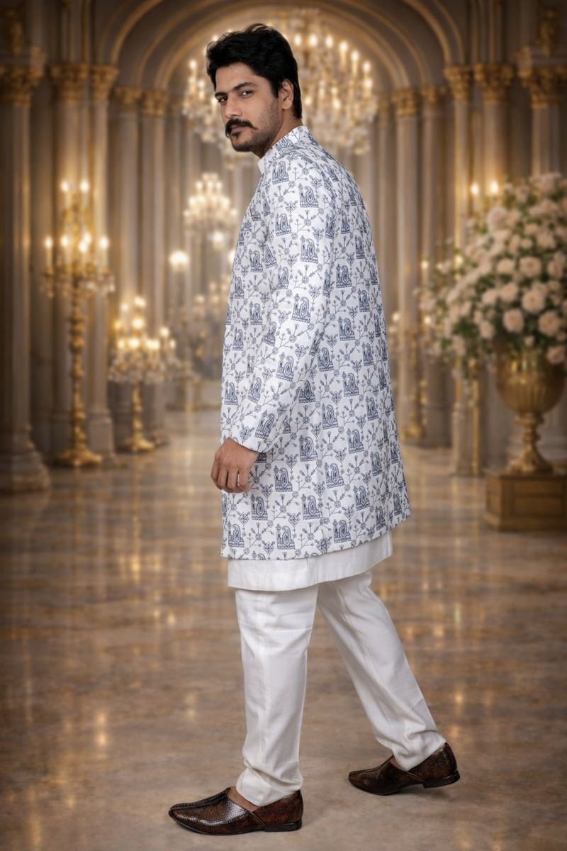 White Linen Indo Western Set with Traditional Banjara Embroidery