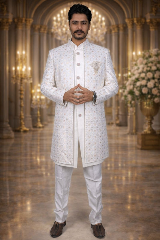 White Linen Sherwani with Pink Thread and Sequin Embroidery
