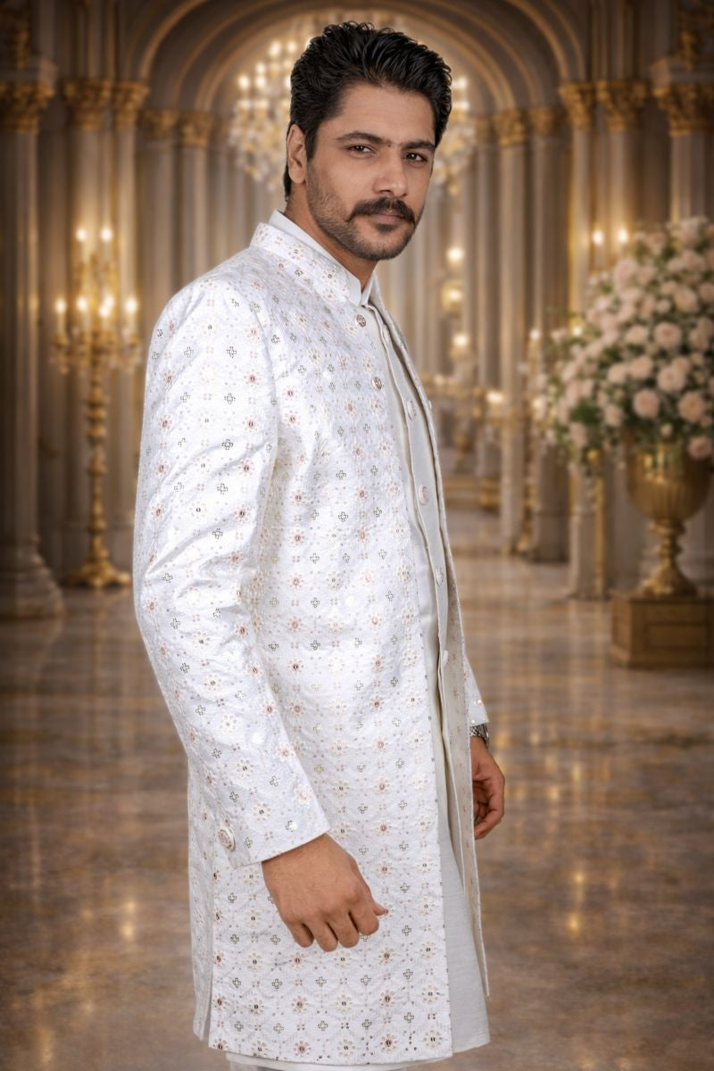 White Linen Sherwani with Pink Thread and Sequin Embroidery