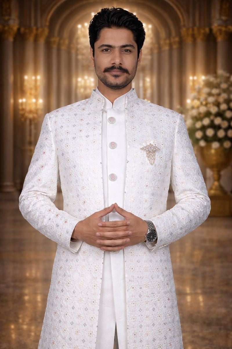 White Linen Sherwani with Pink Thread and Sequin Embroidery