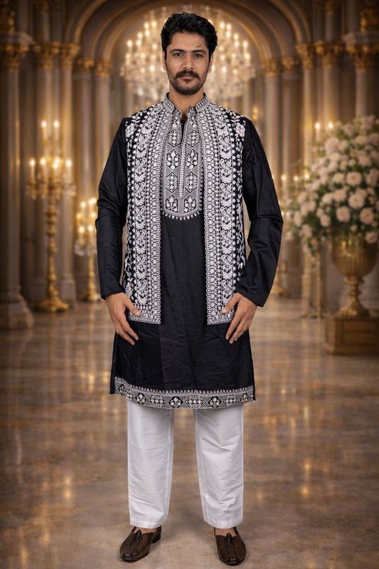 Black Twill Chikankari Embroidered Kurta Pajama Set with Floral Embroidered Jacket