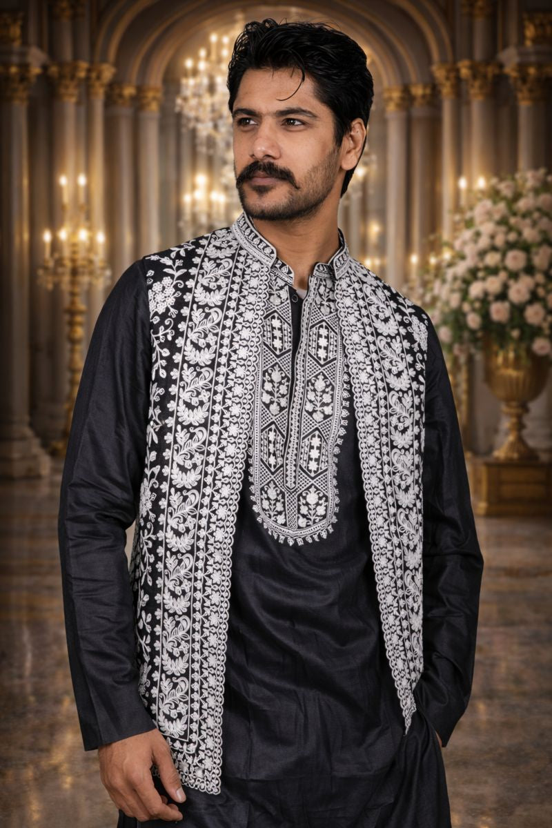 Black Twill Chikankari Embroidered Kurta Pajama Set with Floral Embroidered Jacket