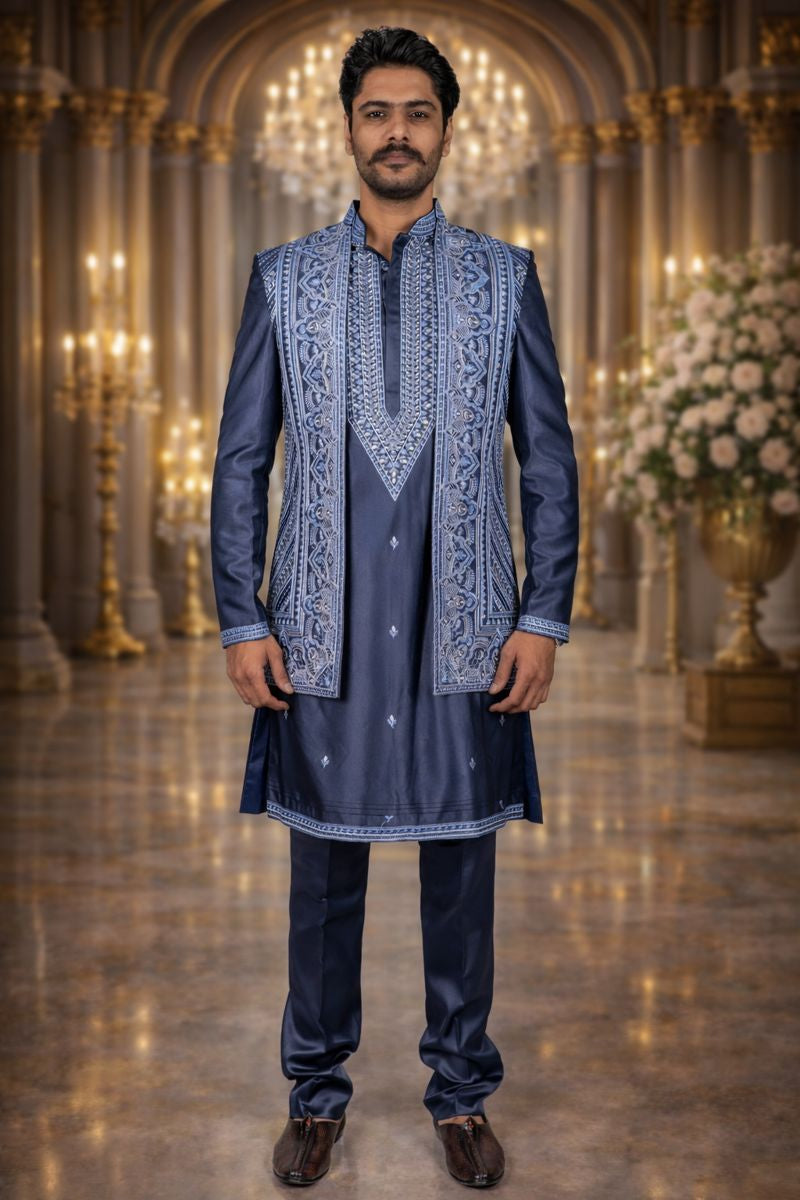 Dark Blue Silk Indo Western Set with Golden Thread Embroidery