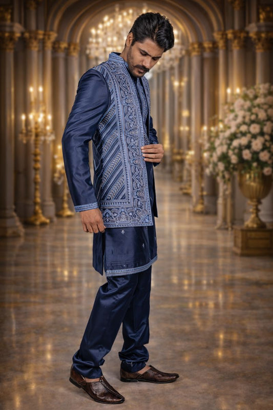 Dark Blue Silk Indo Western Set with Golden Thread Embroidery
