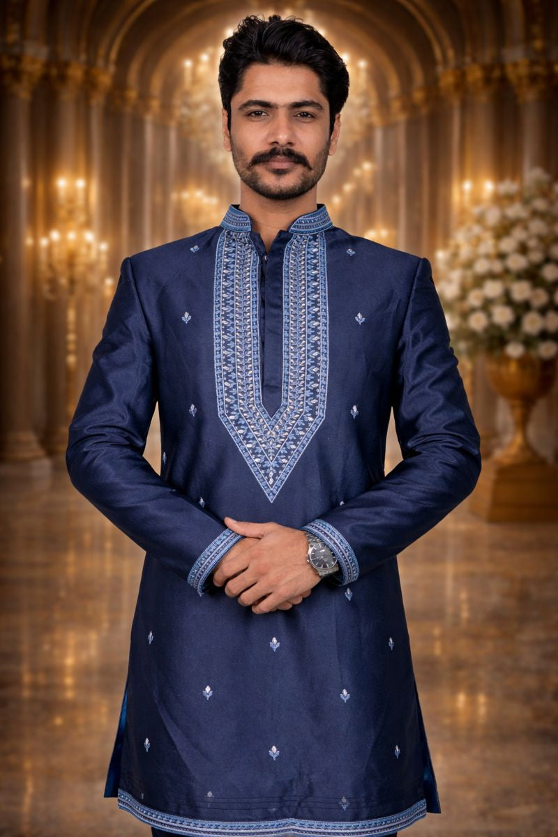Dark Blue Silk Indo Western Set with Golden Thread Embroidery