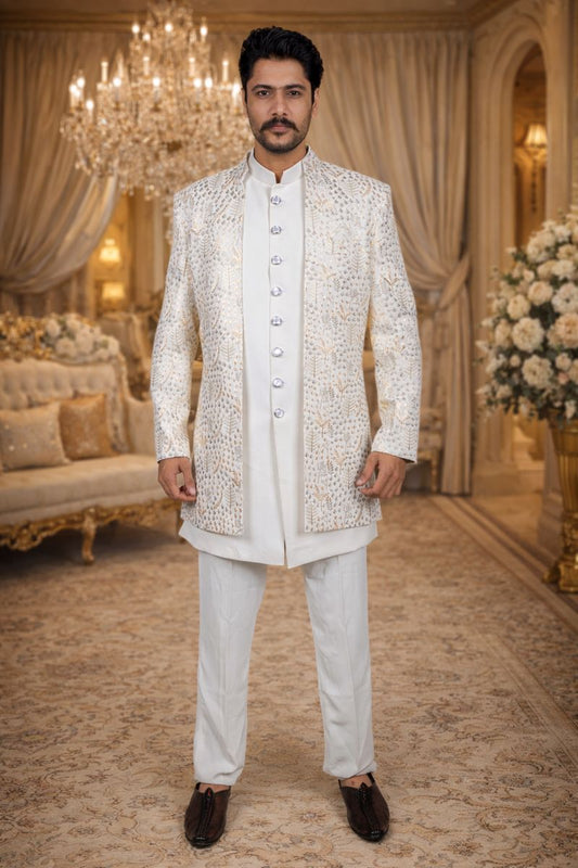 White Greige Indo Western Set with Golden and Olive Green Thread Work