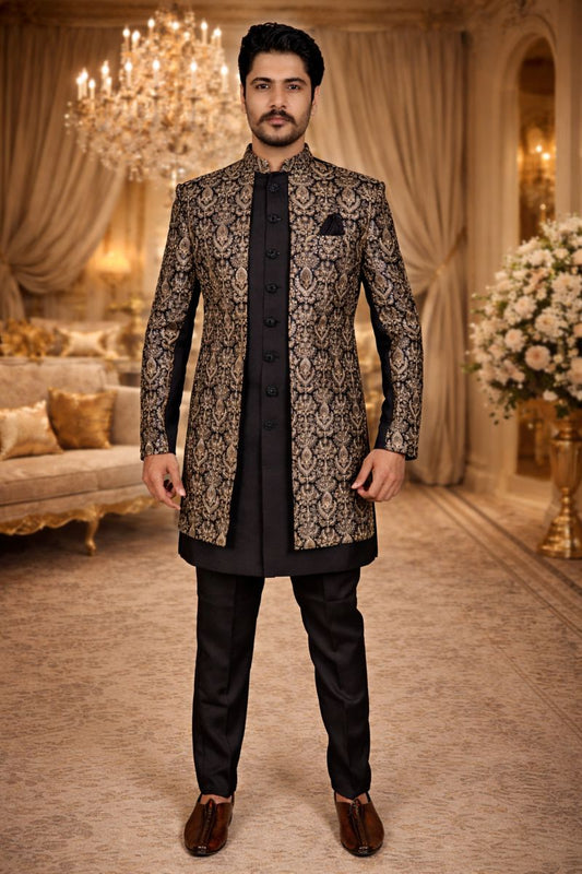 Black Tweed Indo Western Set with Heavy Gold and Silver Embroidery