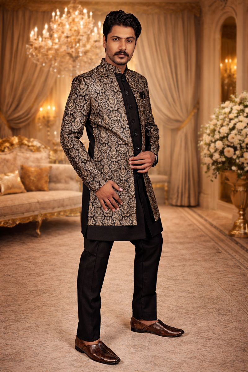 Black Tweed Indo Western Set with Heavy Gold and Silver Embroidery