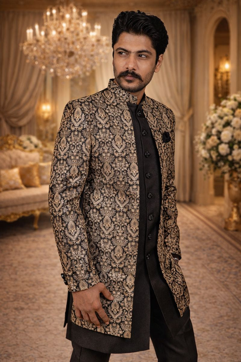 Black Tweed Indo Western Set with Heavy Gold and Silver Embroidery