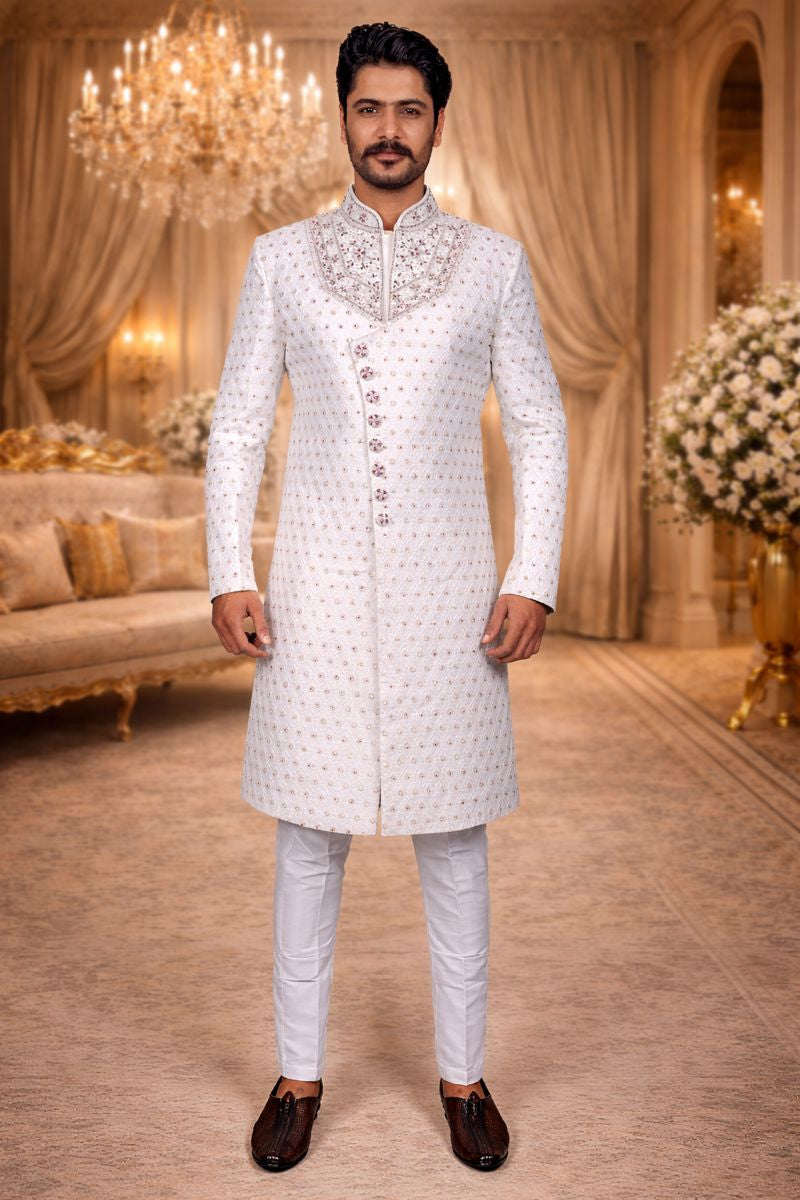 White Woven Jacquard Sherwani with Diamond, Pearl & Zardozi Embroidery