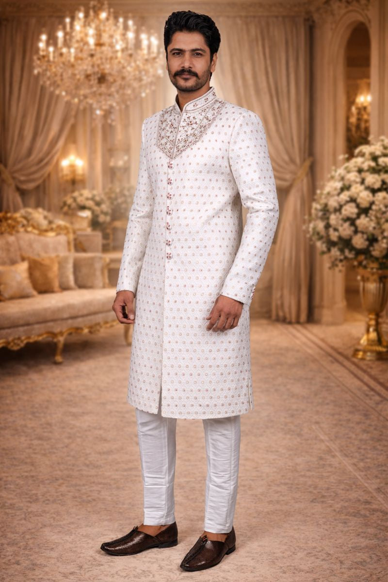 White Woven Jacquard Sherwani with Diamond, Pearl & Zardozi Embroidery