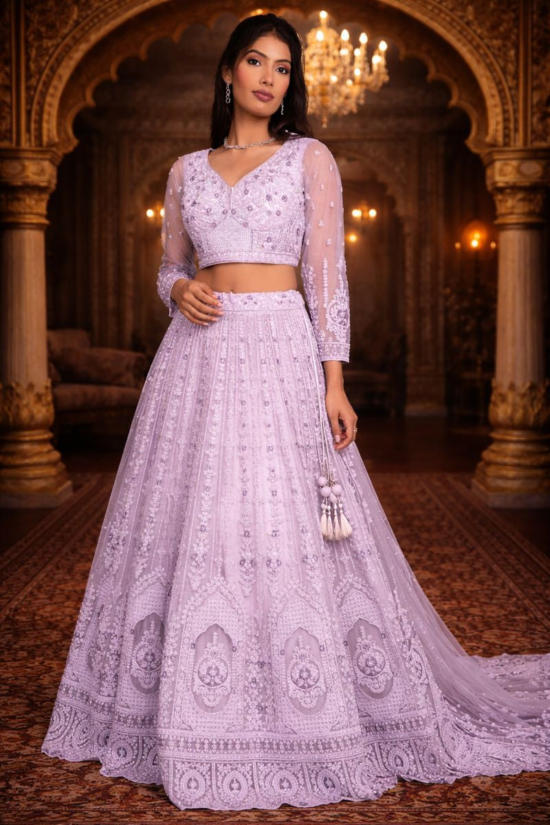 Lavender Shimmer Net Crop Top Set with Floral Embroidery and Diamond Thread Work