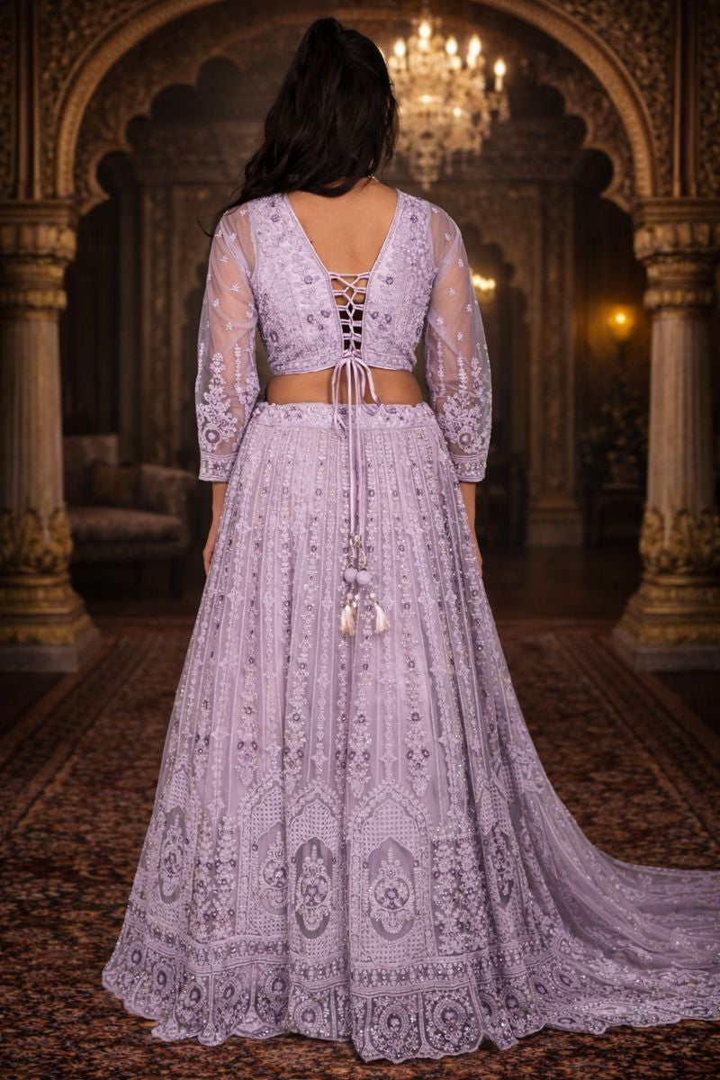 Lavender Shimmer Net Crop Top Set with Floral Embroidery and Diamond Thread Work