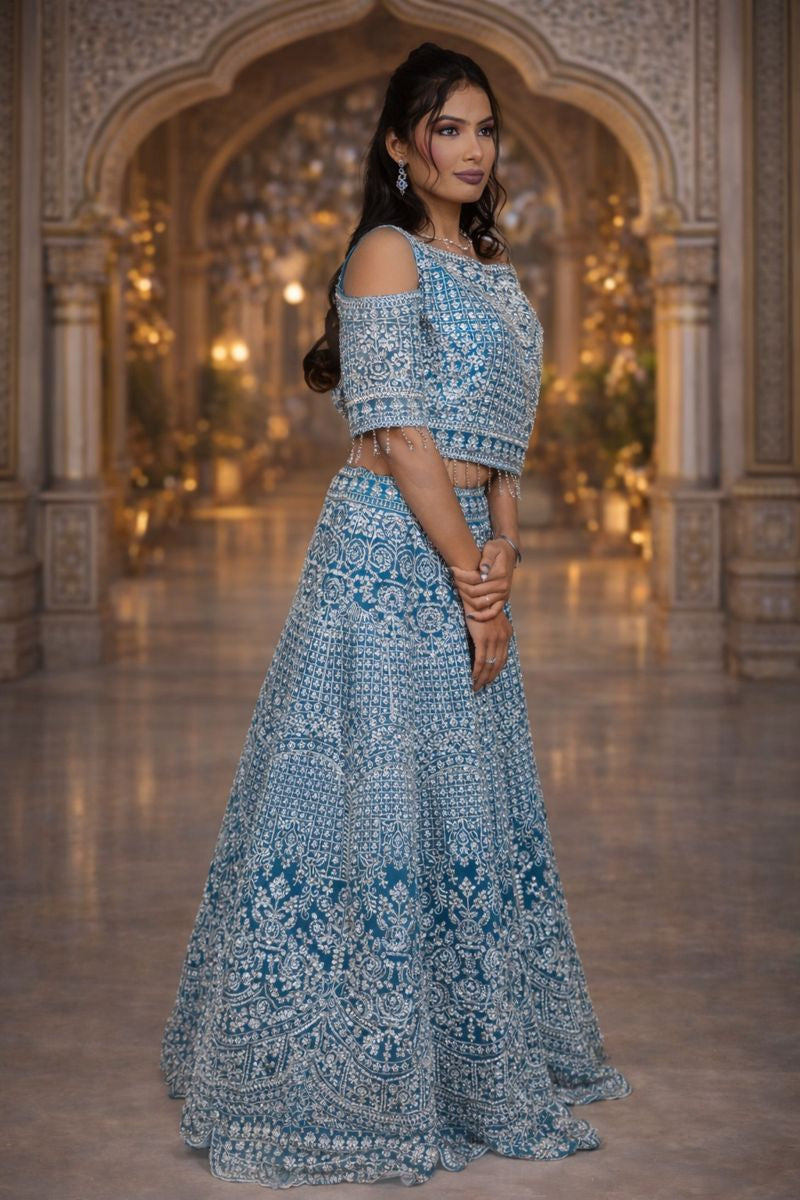 Rama Colour Net Crop Top with Diamond, Stones & Silver Thread Embroidery