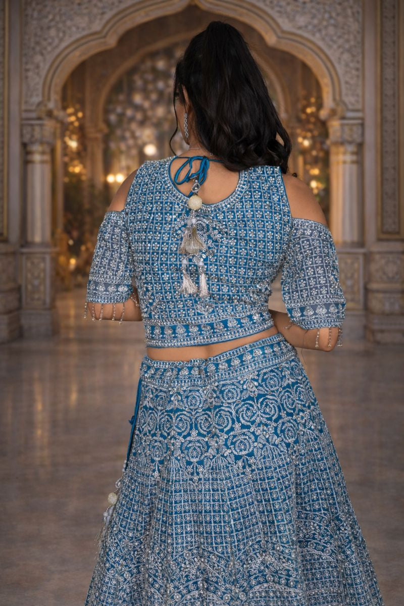 Rama Colour Net Crop Top with Diamond, Stones & Silver Thread Embroidery