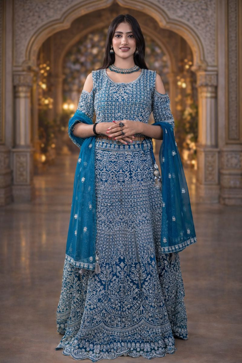 Peacock Blue Colour Net Crop Top with Diamond, Stones & Silver Thread Embroidery