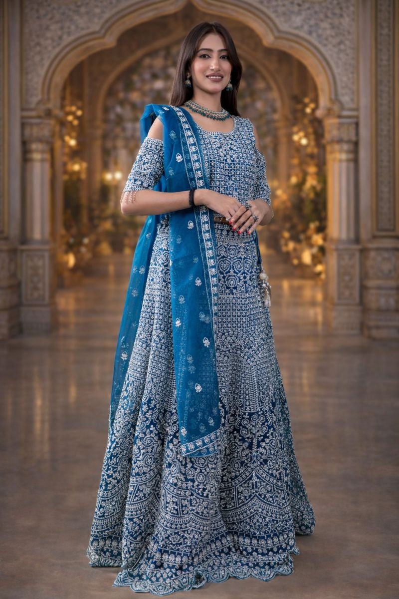 Peacock Blue Colour Net Crop Top with Diamond, Stones & Silver Thread Embroidery