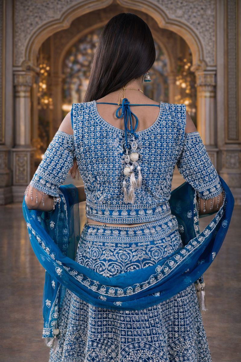 Peacock Blue Colour Net Crop Top with Diamond, Stones & Silver Thread Embroidery