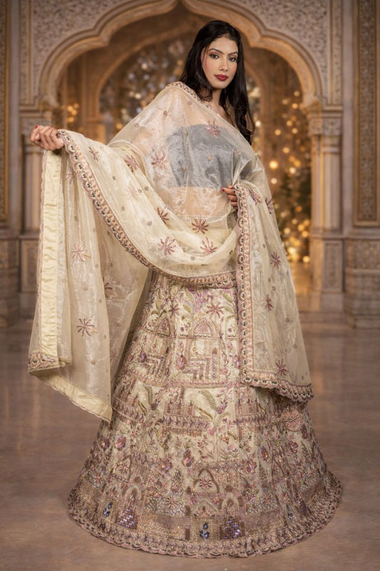 Lemon Yellow Tissue Georget Lehenga with Zardozi, Sequin & Bead Embroidery, Blouse and Dupatta