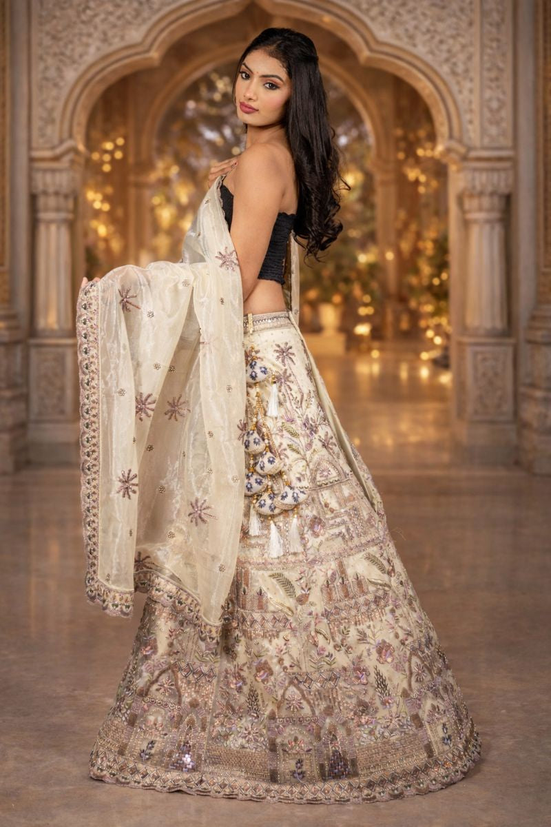Lemon Yellow Tissue Georget Lehenga with Zardozi, Sequin & Bead Embroidery, Blouse and Dupatta