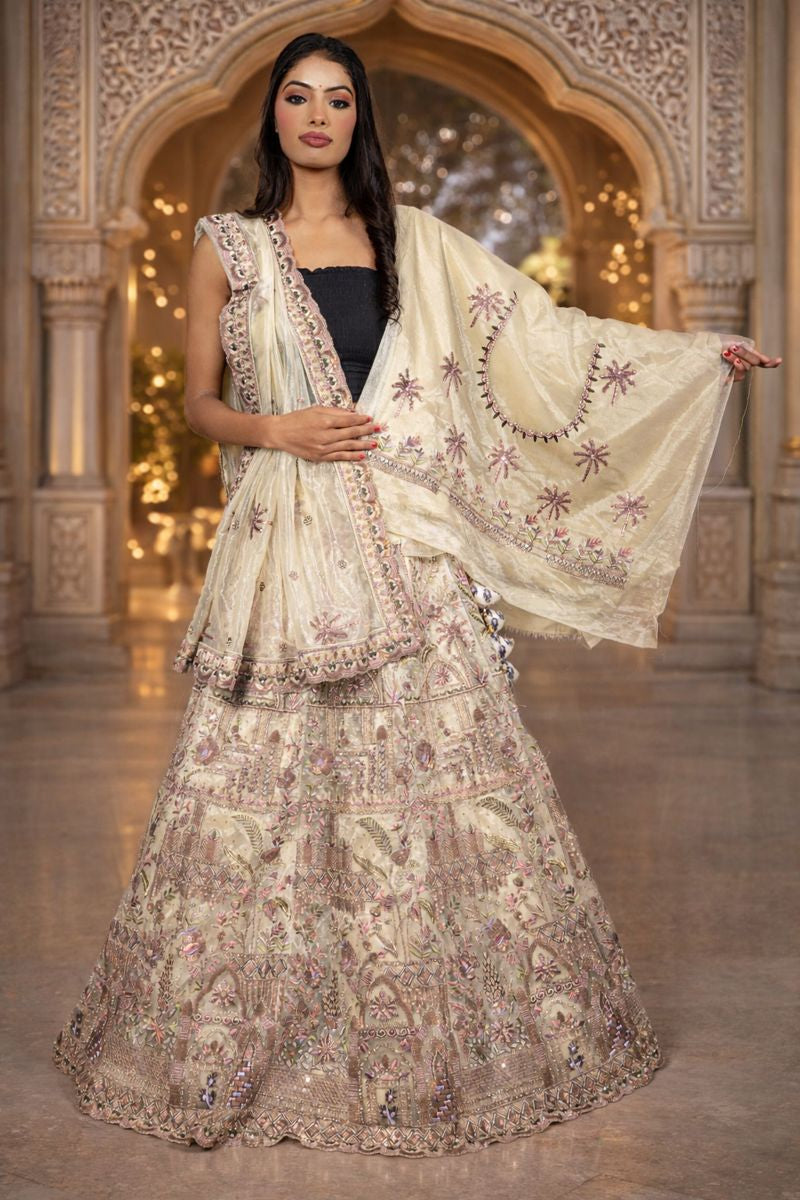Lemon Yellow Tissue Georget Lehenga with Zardozi, Sequin & Bead Embroidery, Blouse and Dupatta