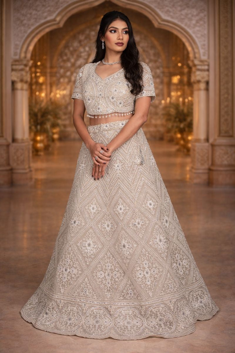 Golden Cream Net Crop Top Set with Mirror Work and Dupatta
